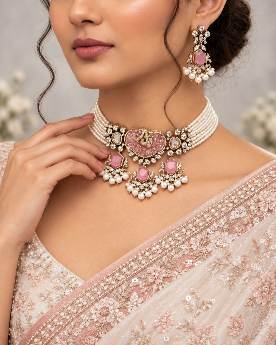 Blush Pink Kundan Choker Necklace Set with AD Diamond