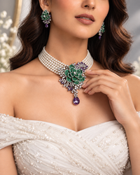AD Diamond Floral Pearl choker Necklace with matching earrings