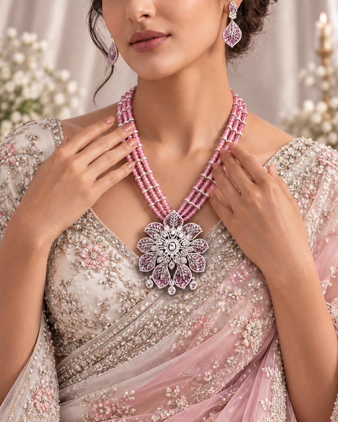Pink beads and AD Diamond long necklace with matching drop earrings