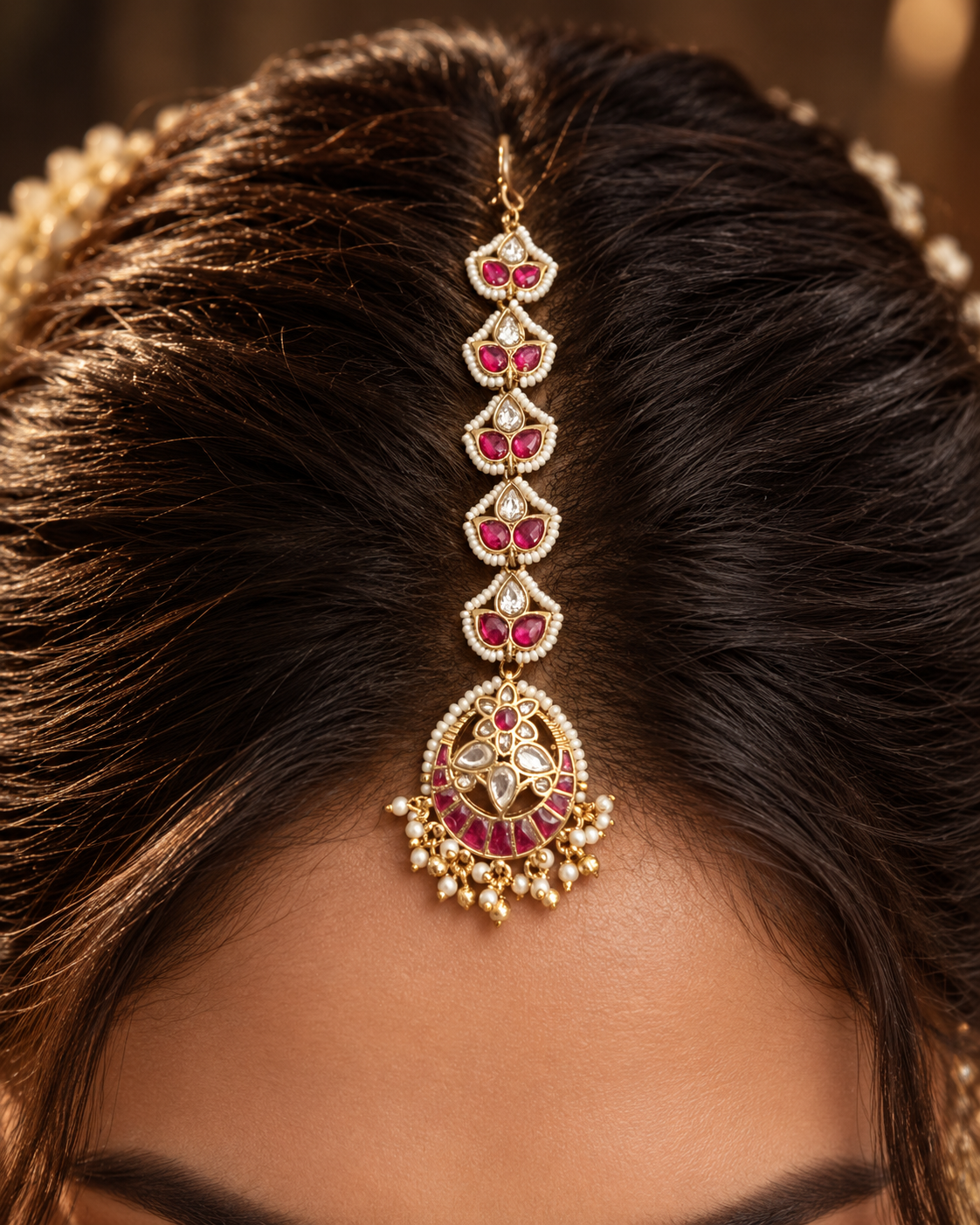 Jadau maang tika with pearl drops