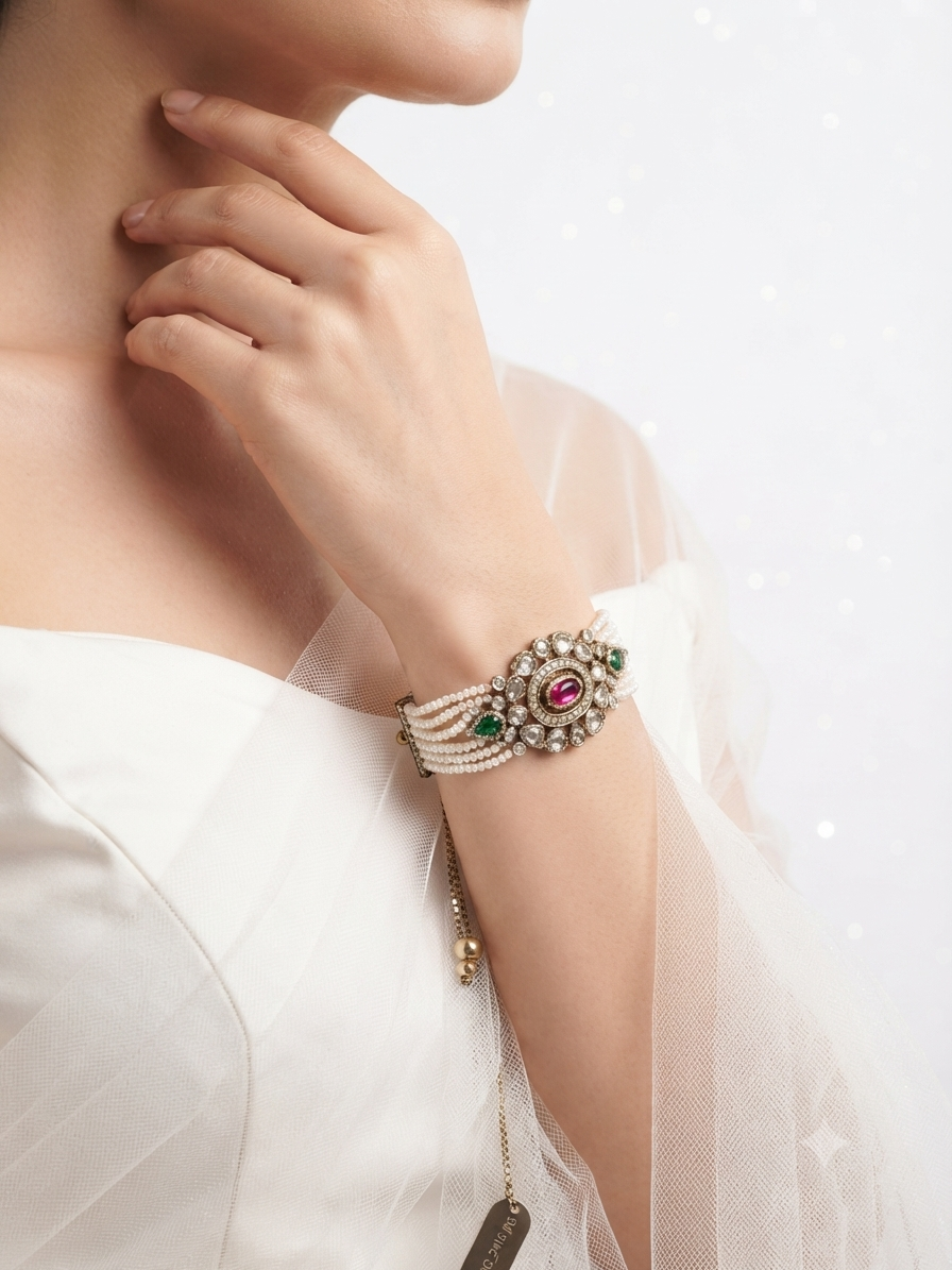 Royal Ruby Emerald Pearl Choker Bracelet