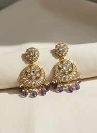 Purple Jadau Floral Chandbali Earrings