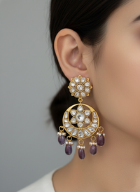 Purple Jadau Floral Chandbali Earrings