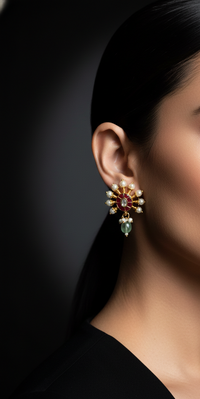 Royal Ruby Pearl & Green Stone Stud Earrings