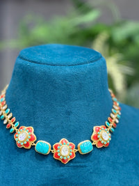 Multicolour Floral Kundan Necklace Set with Turquoise Earrings