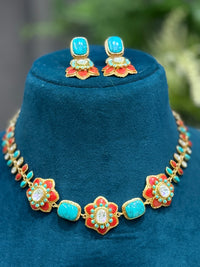 Multicolour Floral Kundan Necklace Set with Turquoise Earrings