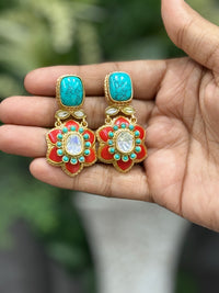 Multicolour Floral Kundan Necklace Set with Turquoise Earrings