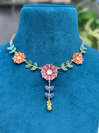 Multicolour Floral Kundan Necklace Set with Matching Drop Earrings