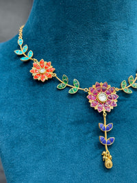 Multicolour Floral Kundan Necklace Set with Matching Drop Earrings