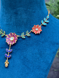 Multicolour Floral Kundan Necklace Set with Matching Drop Earrings