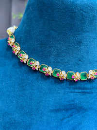 Emerald Green and Ruby Stone Necklace Set with Matching Stud Earrings