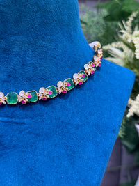 Emerald Green and Ruby Stone Necklace Set with Matching Stud Earrings