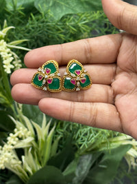 Emerald Green and Ruby Stone Necklace Set with Matching Stud Earrings